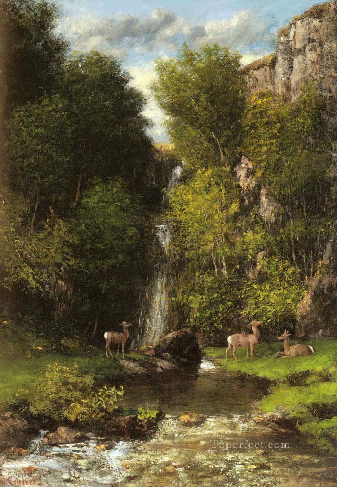 Una familia de ciervos en un paisaje con una cascada Pintor realista Gustave Courbet Pintura al óleo